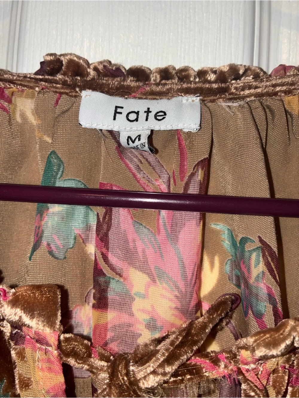 Fate Brown Velvet Floral boho sheer Tie-Neck Peasant Blouse - Picture 3 of 4
